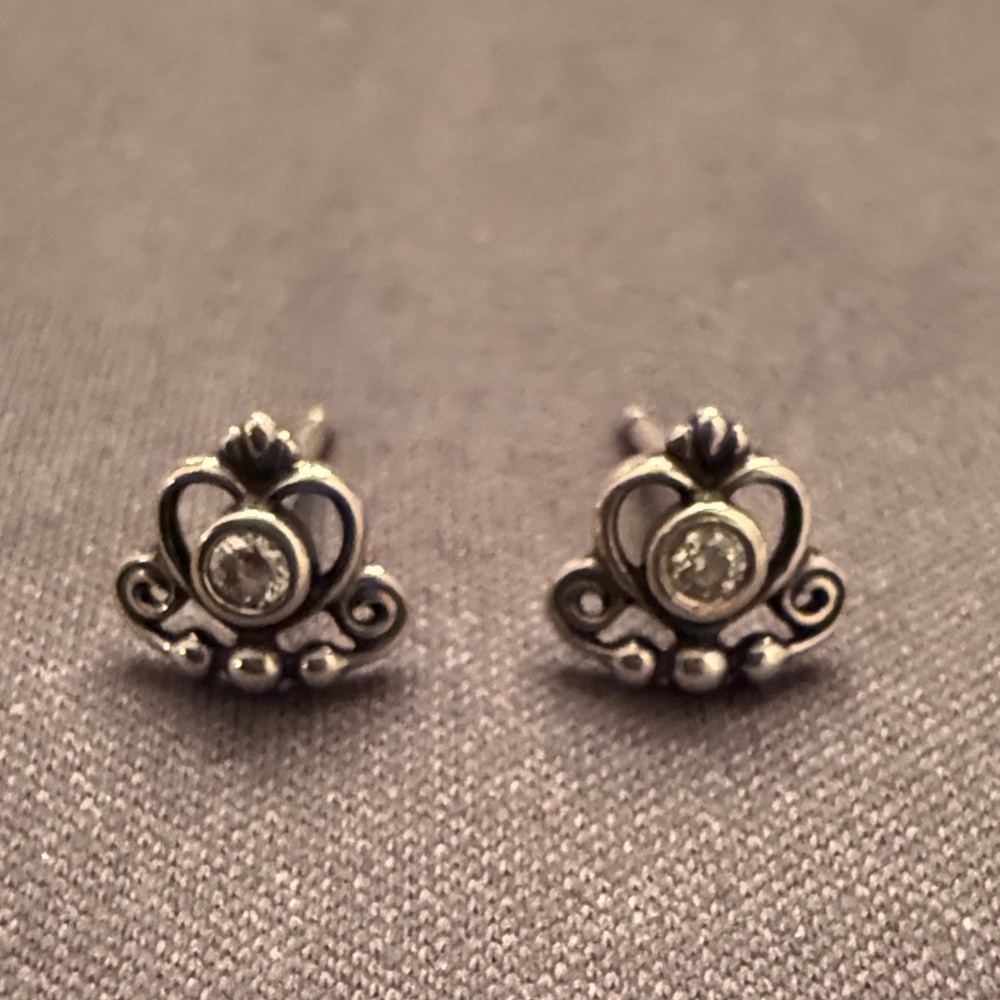 Pandora Princess Silver Swirl Stud Rhinestone Earrings​